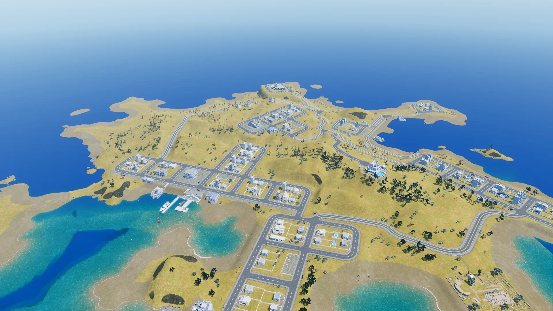Lower aerial pass over the island: the harbour town grid, the Family Quarter and the southern coves