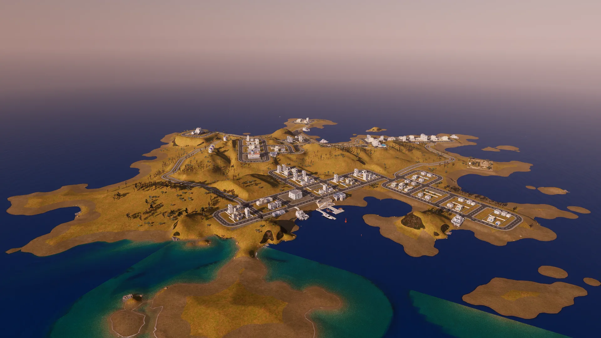 The island at sunset from the west, golden hills and long shadows over a violet sea
