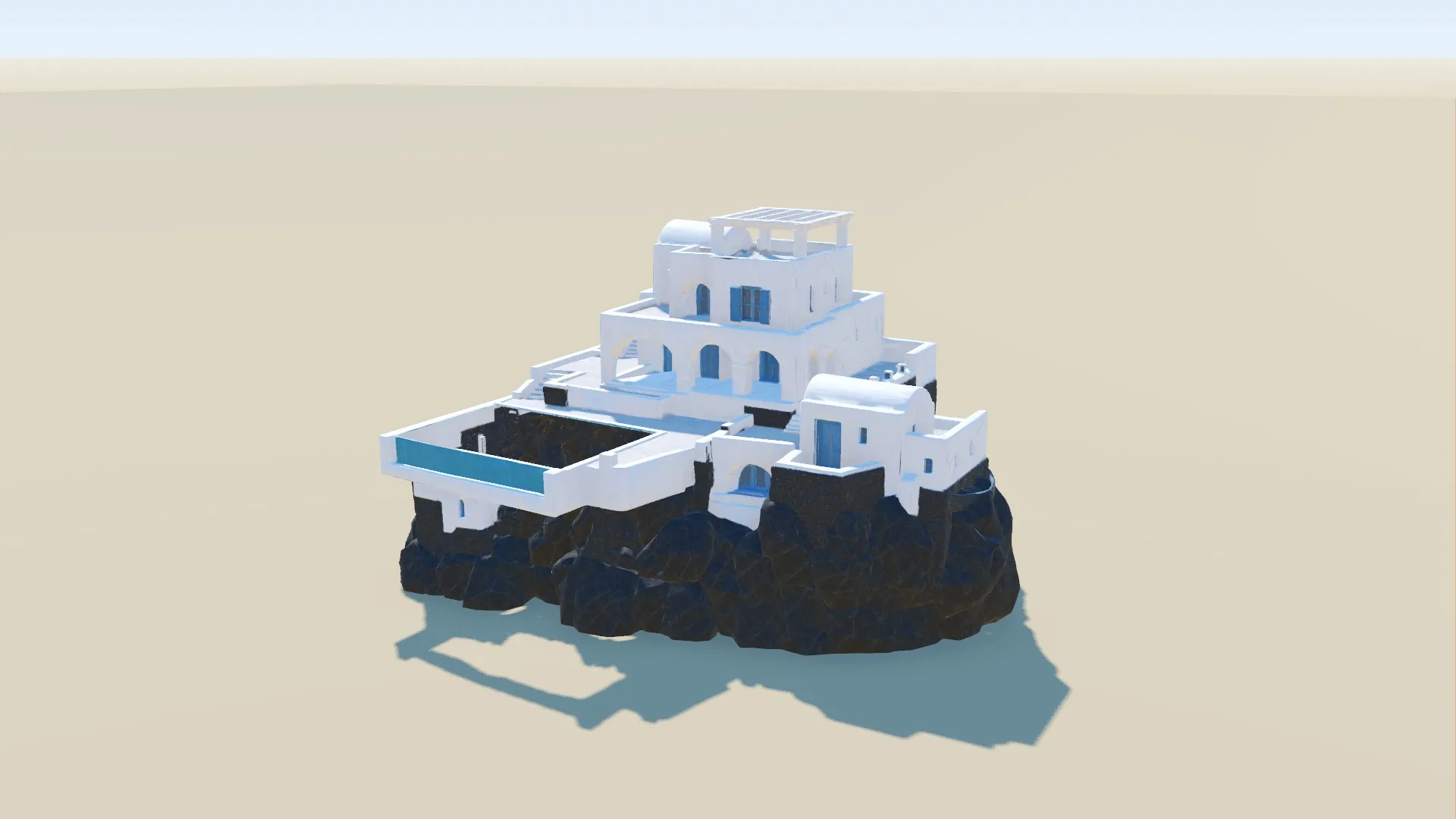 Signature villa studio render: a multi-level white villa with a pool on a rock base