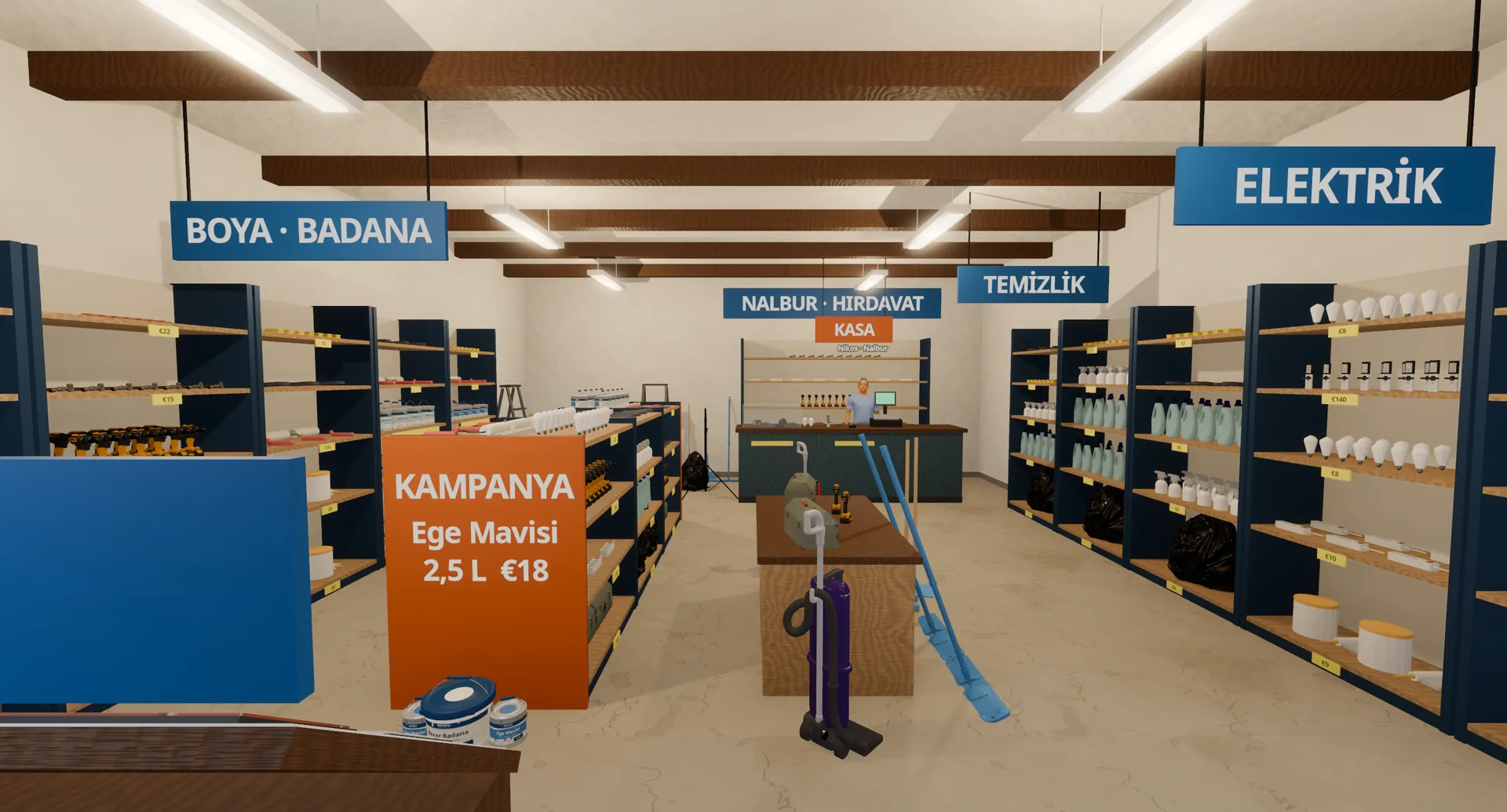 Hardware Store aisles: paint, cleaning and electrical sections and a campaign sign (signs in Turkish)