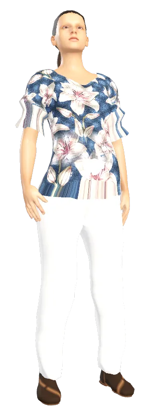 Female player look: lily-print ruffle blouse, white trousers and sandals