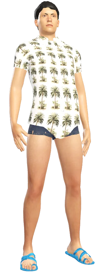 Male player look: palm-print Hawaiian shirt, denim shorts and flip-flops