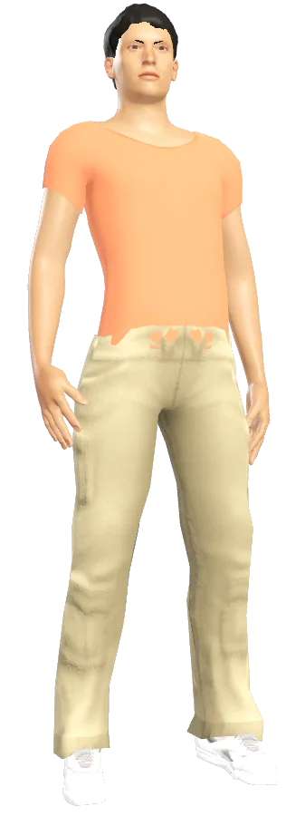 Male player look: terracotta T-shirt, khaki cargo trousers and white sneakers