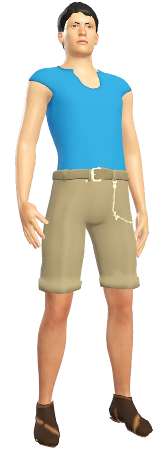 Male player look: Aegean-blue tank top, khaki shorts and leather sandals