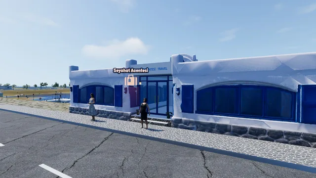 Aegean Journeys Travel agency with big blue shop windows on the harbour road