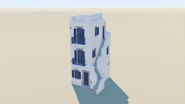 Tall, narrow three-storey Cycladic townhouse with an outside stair