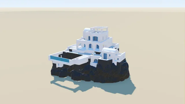Signature villa studio render: a multi-level white villa with a pool on a rock base