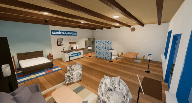 Furniture Store showroom with beds, sofas, tiled bathroom displays and price stands (the shop sign is in Turkish)