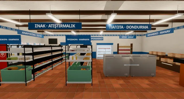 Agora supermarket with snack aisles, ice-cream freezers and bilingual Greek and Turkish signs