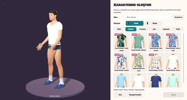 Character creator: name, gender and a grid of Hawaiian shirts next to a live 3D preview of the player (labels in Turkish, the source language)