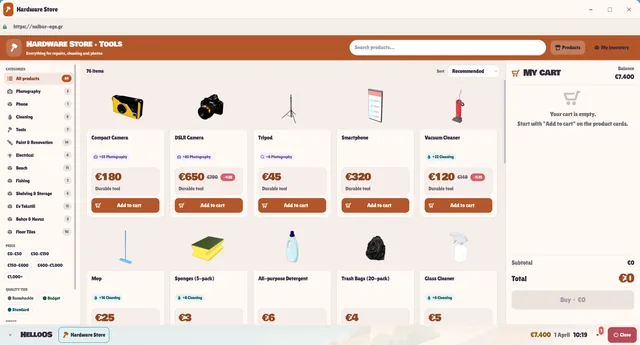 Hardware Store app: cameras, tools, cleaning gear and phones with their effects and prices (some category labels still in Turkish)