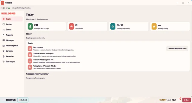 The HelloBnb host dashboard: earnings, stays, rating and a to-do list for getting the first listing live (some labels still in Turkish)