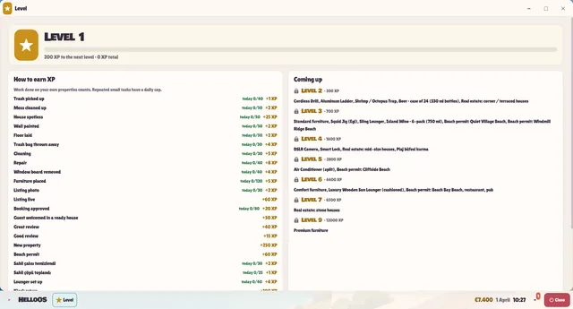 Level screen: how to earn XP and what each upcoming level unlocks (some task names still in Turkish)
