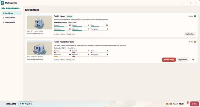 My Properties: the family home and the rental next door with their five quality stats (the side menu is still in Turkish)