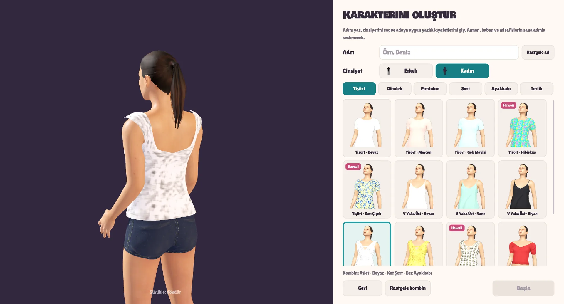 Character creator with the female body selected, browsing T-shirts and tops (labels in Turkish)