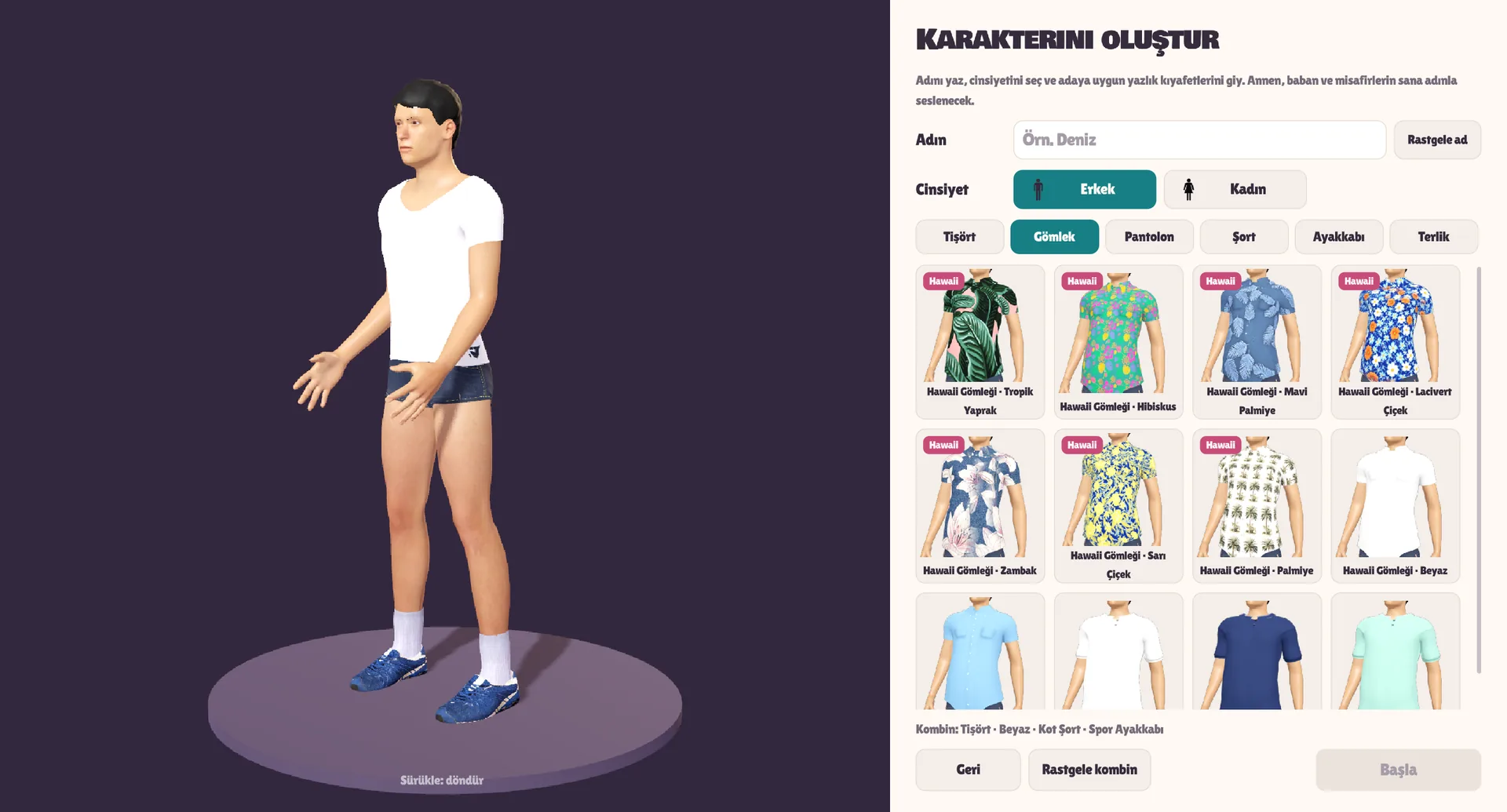 Character creator: name, gender and a grid of Hawaiian shirts next to a live 3D preview of the player (labels in Turkish)