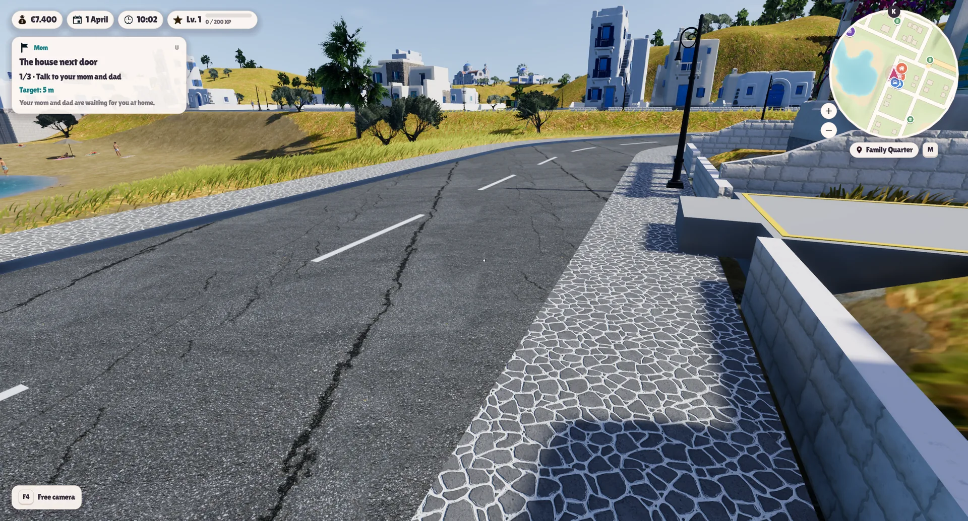 In-game HUD in first person: money, date, clock, level, quest tracker and minimap on a cobbled island street