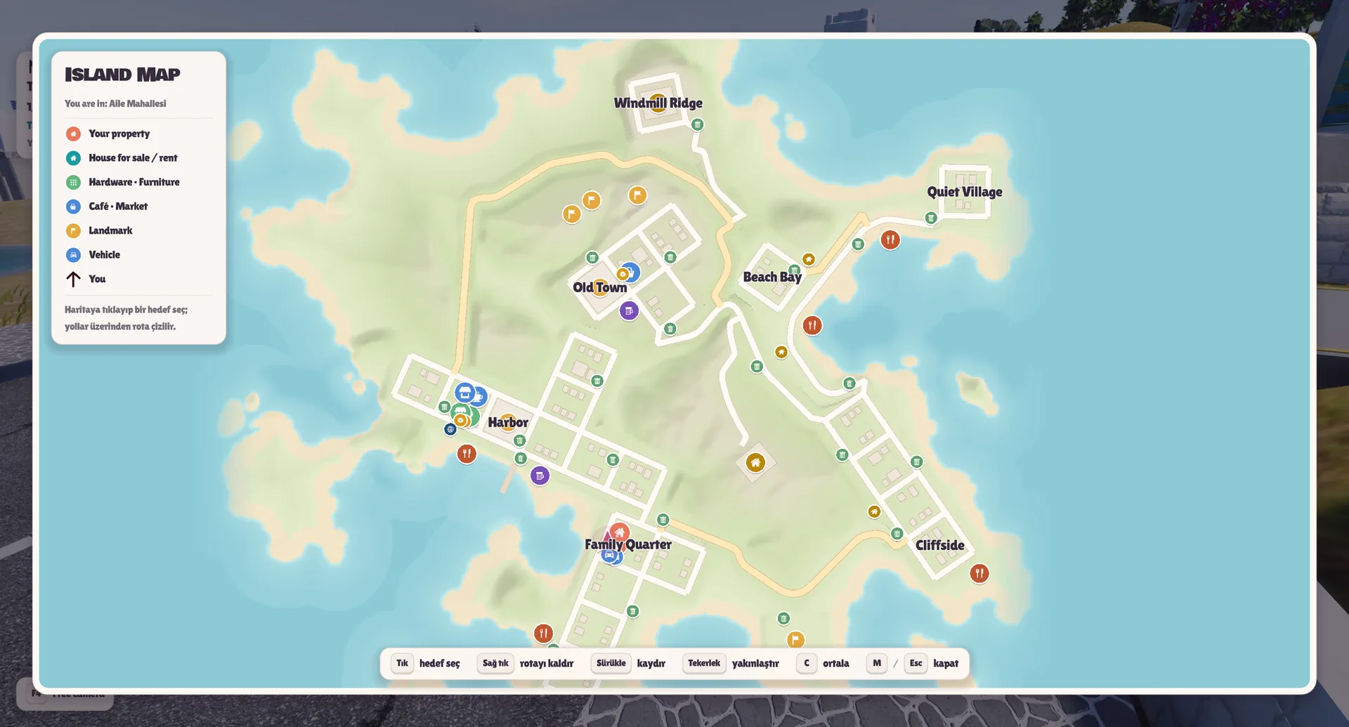 Full island map with district names, shops, houses, beaches and a legend (the control hints are still in Turkish)