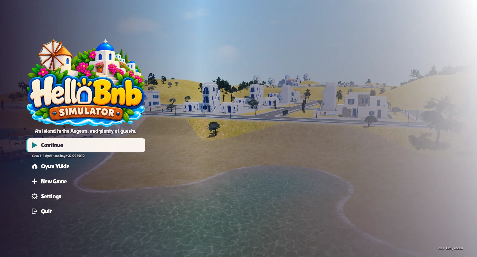 Main menu: the HelloBnb Simulator logo over a live island backdrop, with Continue, Load, New Game and Settings (the Load button is still labelled in Turkish)