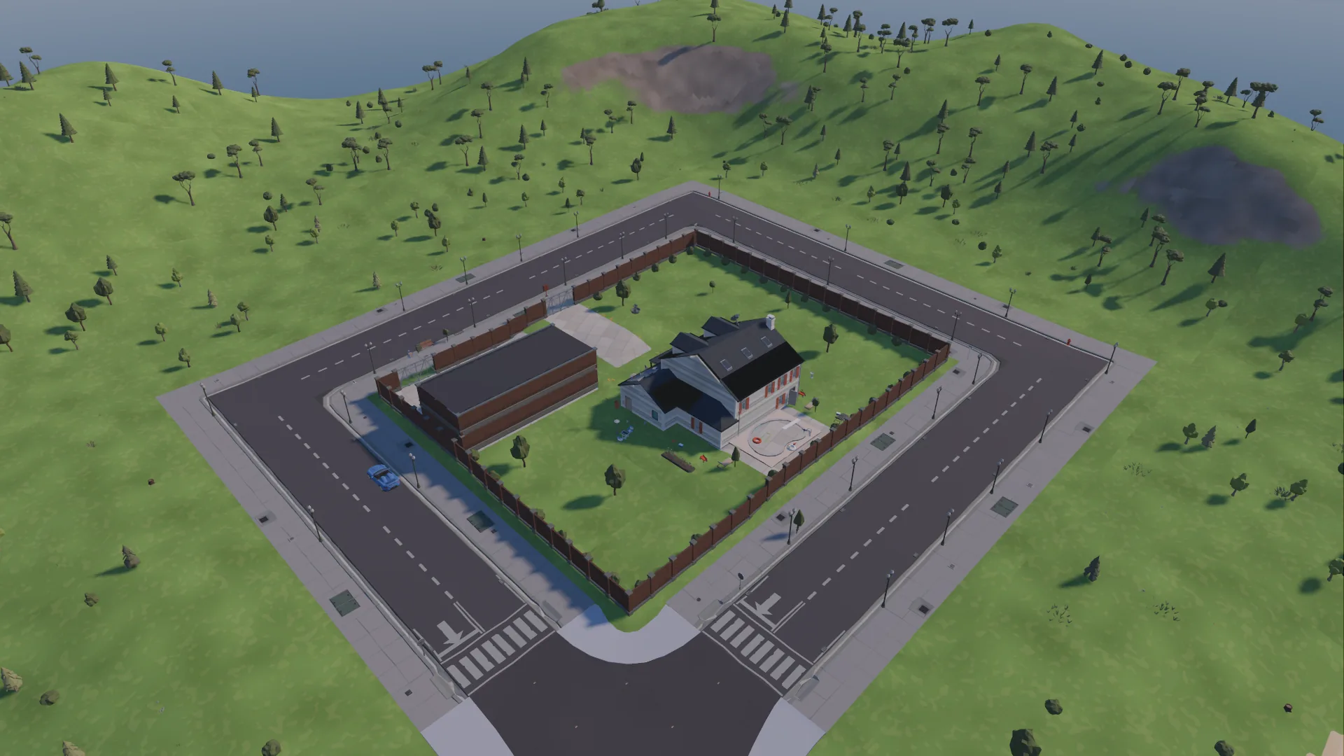 The walled estate compound on the hill: villa, pool and brick depot