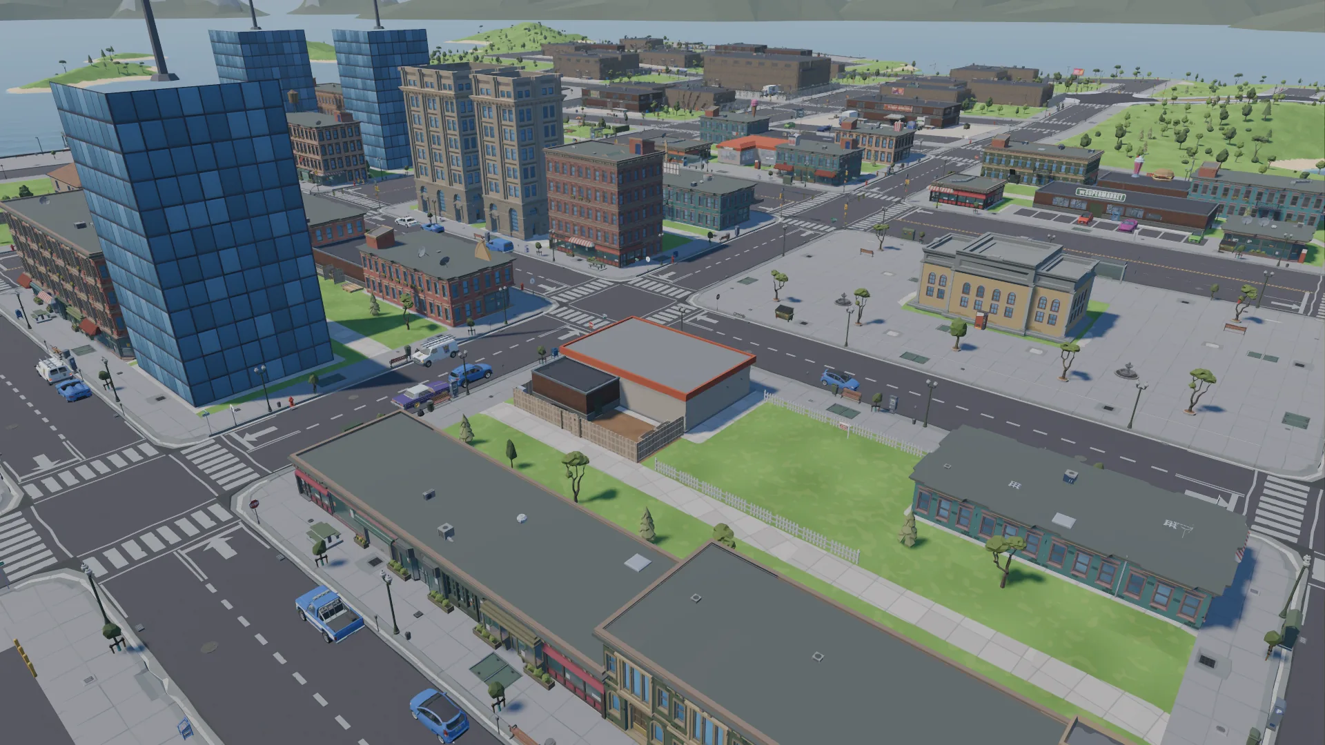The florist's block from behind: the fenced rear yard and service lane, downtown towers and the town square beyond