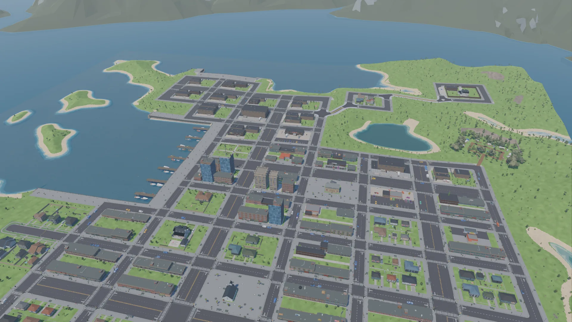 Bird's-eye view of the whole town by day: the street grid, marina piers, port warehouses, a lake and the caravan park in the woods
