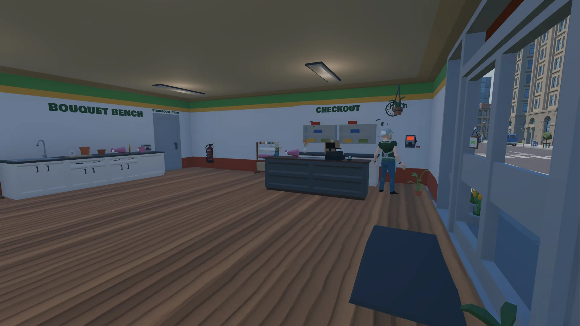 The checkout counter with the uncle behind the till and the bouquet bench along the wall