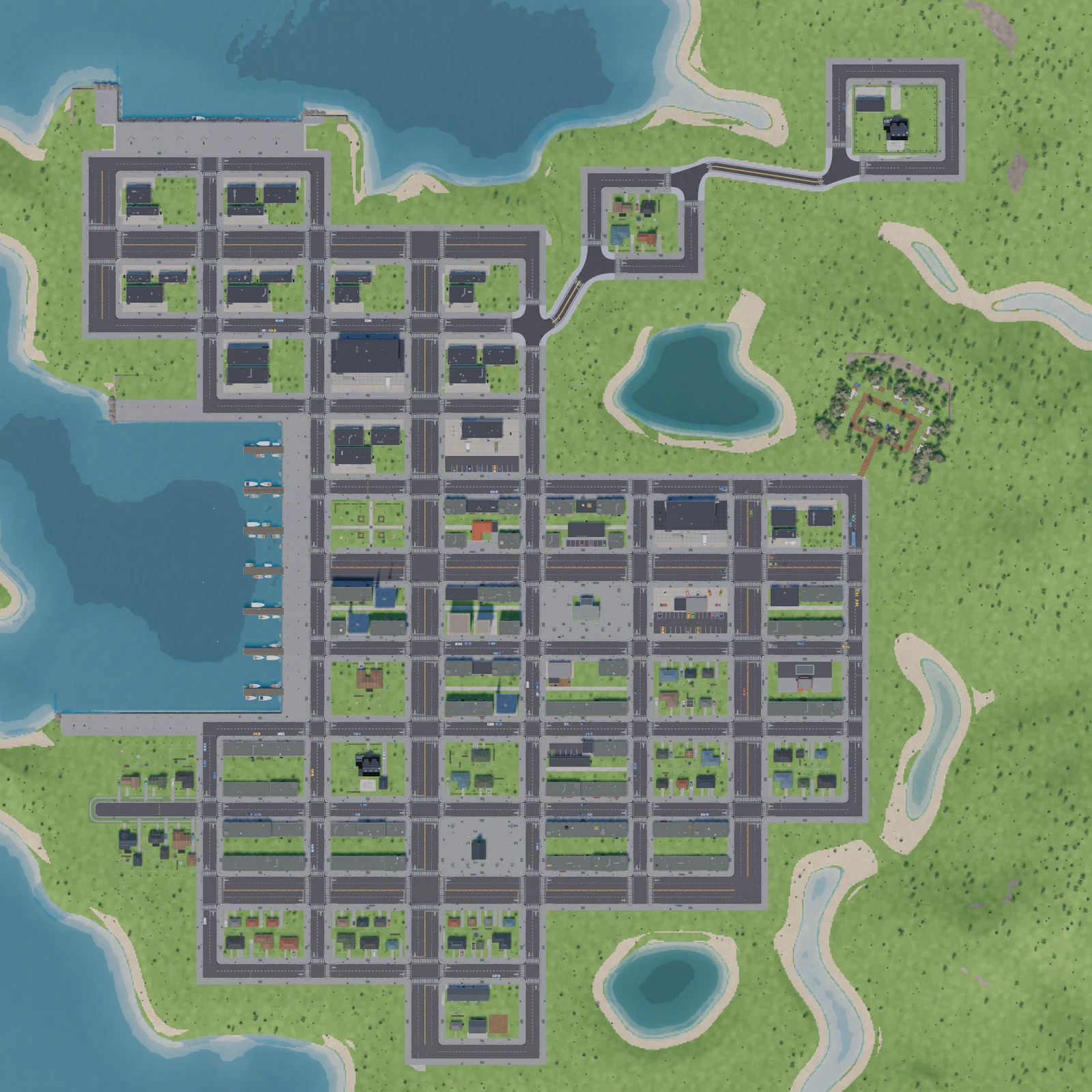 Top-down render of the whole town: street grid, marina, port, lakes, caravan park and hilltop estate