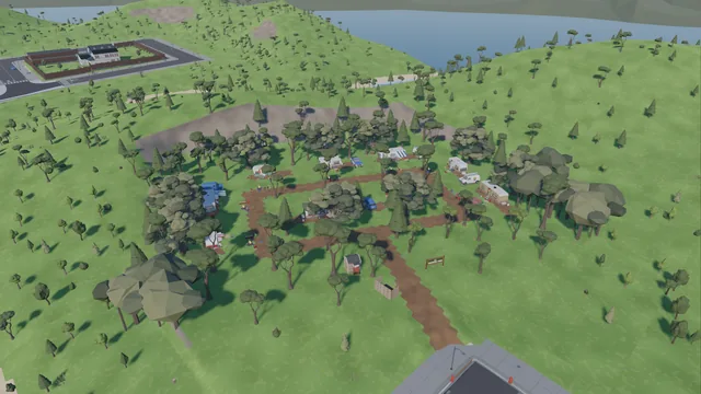 The wooded caravan park outside town where the story begins: caravans, campfires and dirt tracks