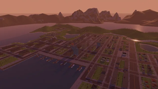 The town at sunset seen from above the marina, boats at the piers and low-poly mountains across the bay