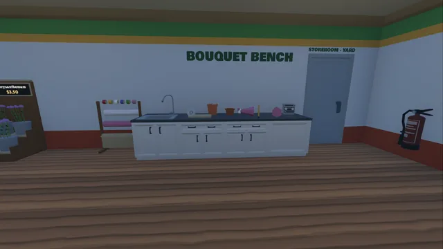 The bouquet bench with sink, wrapping paper and ribbon stand
