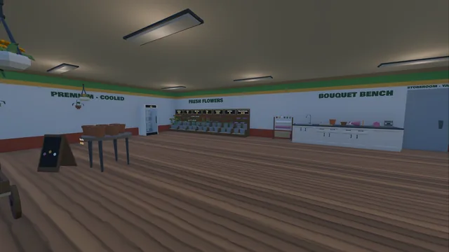 The florist's sales floor: fresh-flower wall, premium cooler, pot table and bouquet bench