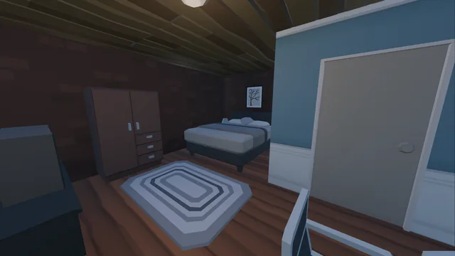 A motel room: bed, wardrobe and rug