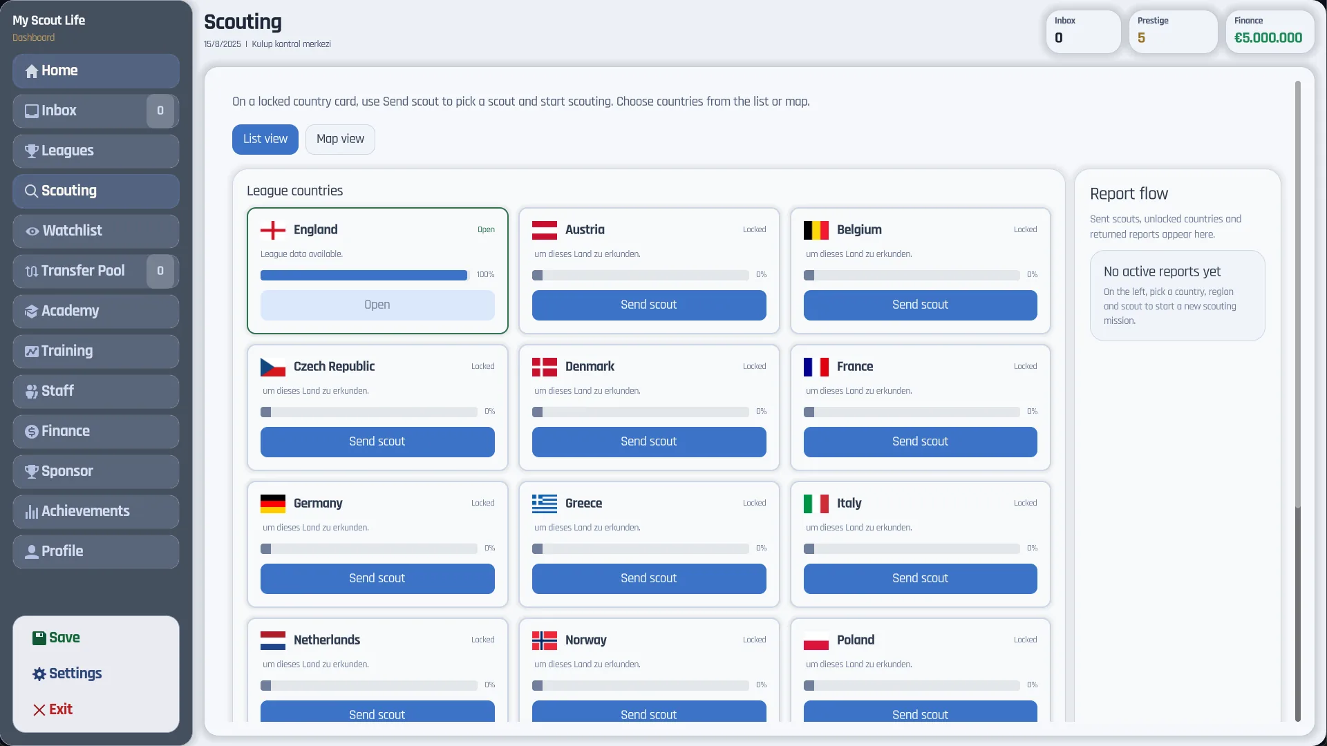 Scouting network screen listing countries to send scouts to