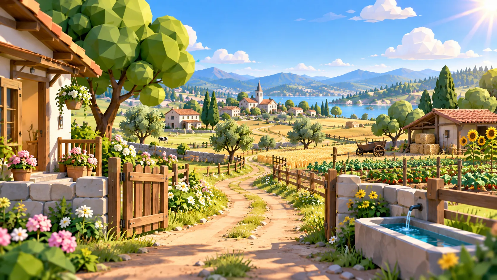 The rural village where the story starts: a farmhouse, garden gate and fields under a bright sky