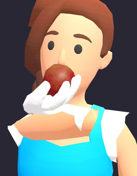 Character eating an apple before the arm IK correction: the hand stops short of the mouth