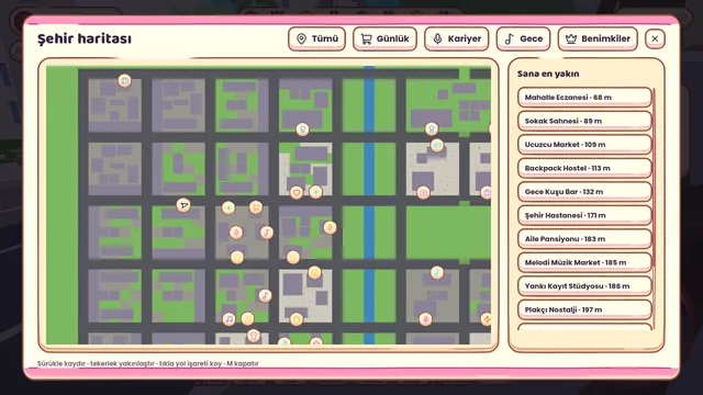 The city map with filterable pins for career, nightlife and daily venues, nearest places listed