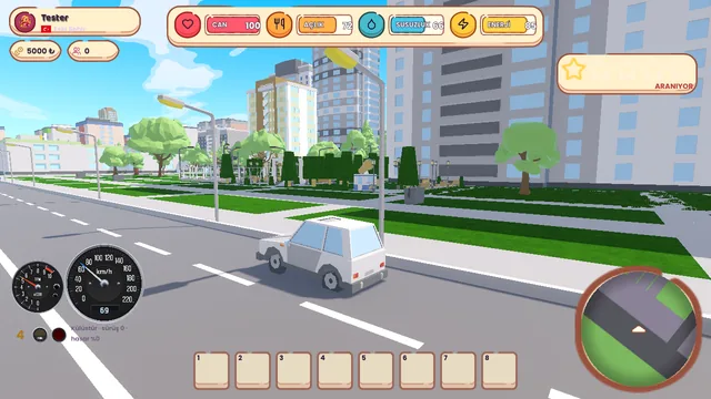 Driving at speed through the Old Town district with full HUD and minimap visible
