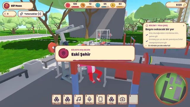 Working out on gym equipment in a park, district welcome banner for Old Town
