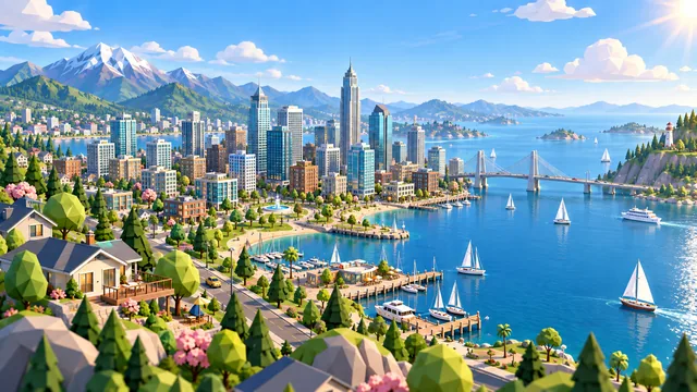 The harbour city skyline in daylight, bridge and marina in the background, the player's starter house in the foreground