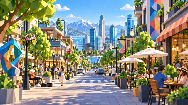 A street musician busking on a lively city promenade lined with cafes