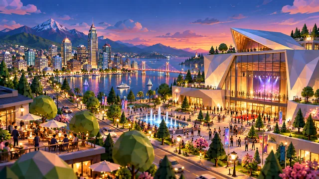 A sunset concert hall show on the waterfront, crowds gathered in the plaza outside