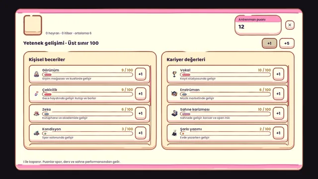 The skills screen showing personal skills and career stats each levelled with skill points