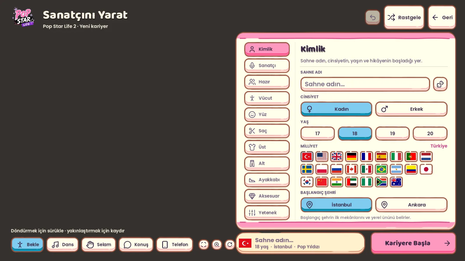 The character creator: identity tab with stage name, gender, age, nationality flags and starting city